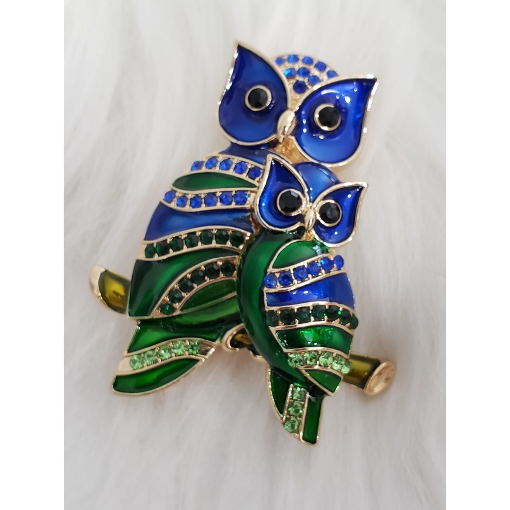 Green Blue Enamel Crystal Big Owl Mom Baby Brooch Pin